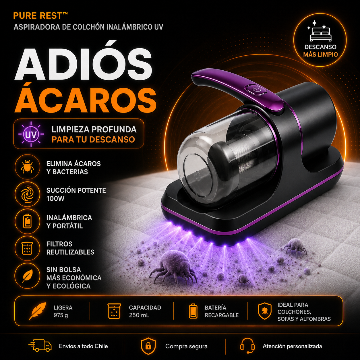 PURE REST™ - Aspiradora De Colchón inalámbrico UV