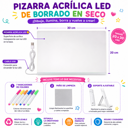 LumiBoard™ Pizarra Mágica LED Acrílica 20 × 30 cm | Incluye 7 Marcadores
