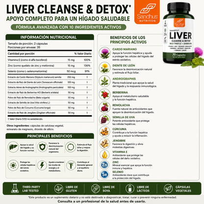 Liver Cleanse & Detox Formula Completa con Cardo Mariano – 70 Cápsulas 🌿