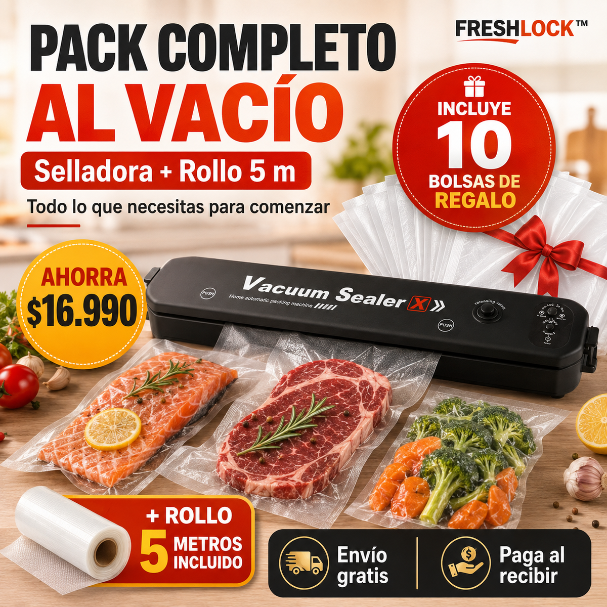 FreshLock™ Pack Completo | Selladora + 10 Bolsas + Rollo 5 Metros