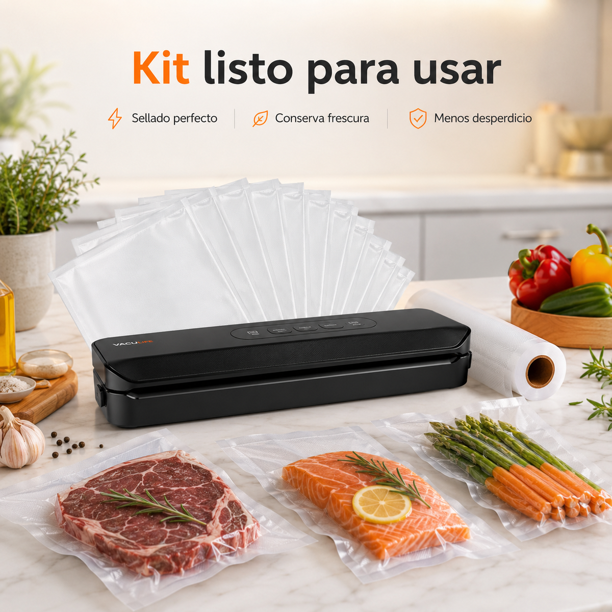 FreshLock™ Pack Completo | Selladora + 10 Bolsas + Rollo 5 Metros