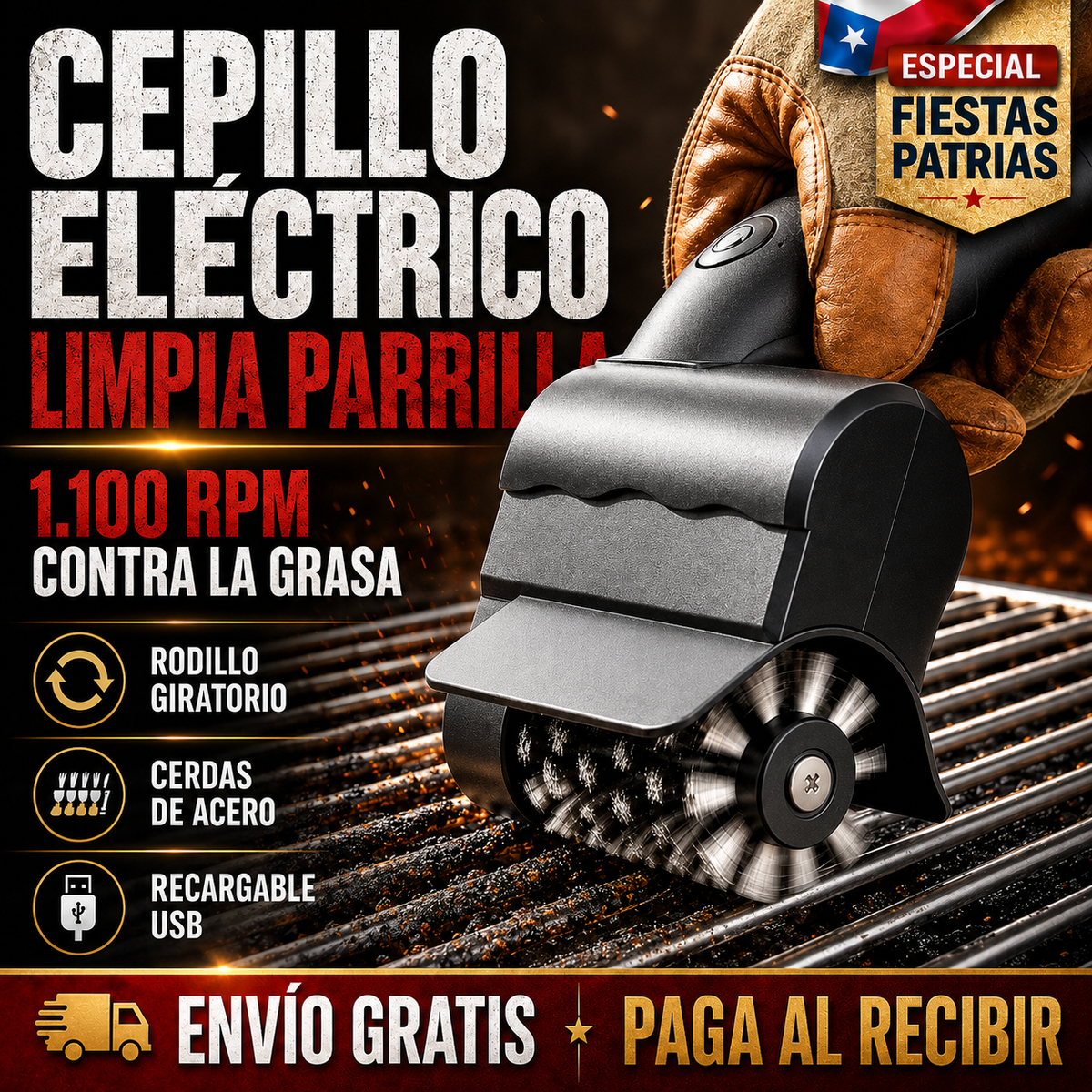 Parrillero Pro™ |Cepillo Eléctrico Inalámbrico con Rodillo Giratorio para Parrillas