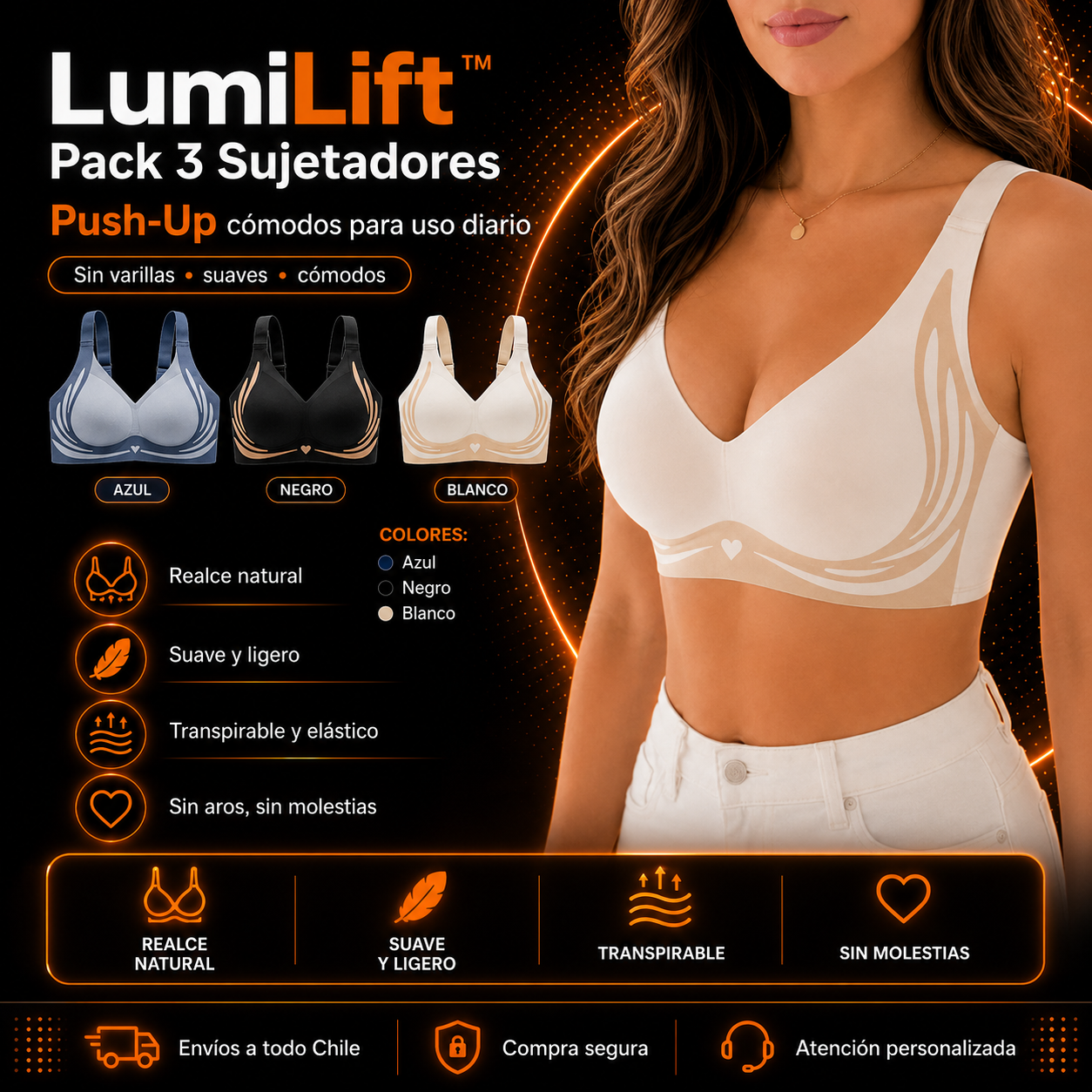 LumiLift™ Pack 3 Sujetadores Push-Up Sin Varillas
