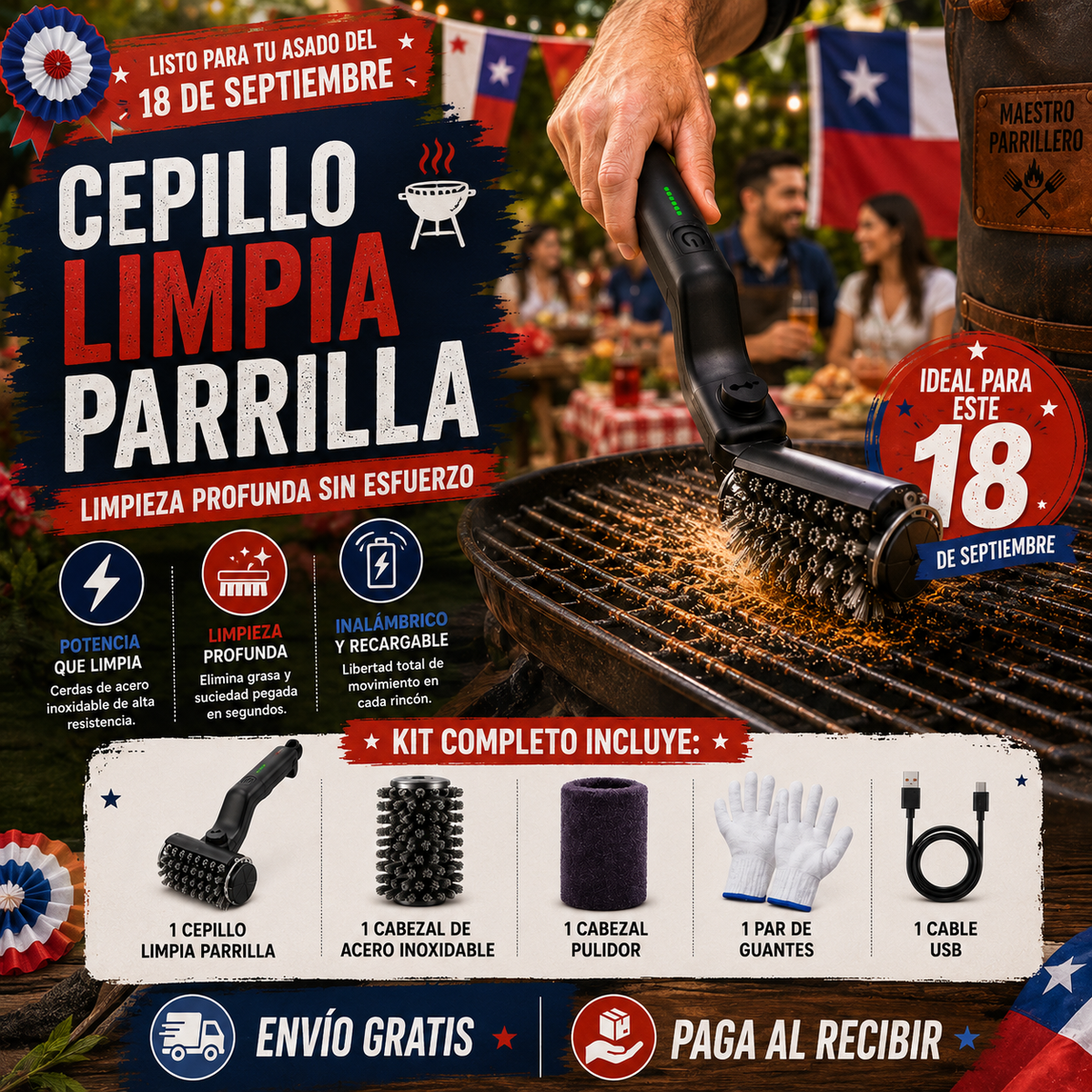 Parrillero Pro MAX™ | Cepillo Eléctrico para Parrilla 3 Velocidades + Kit Completo