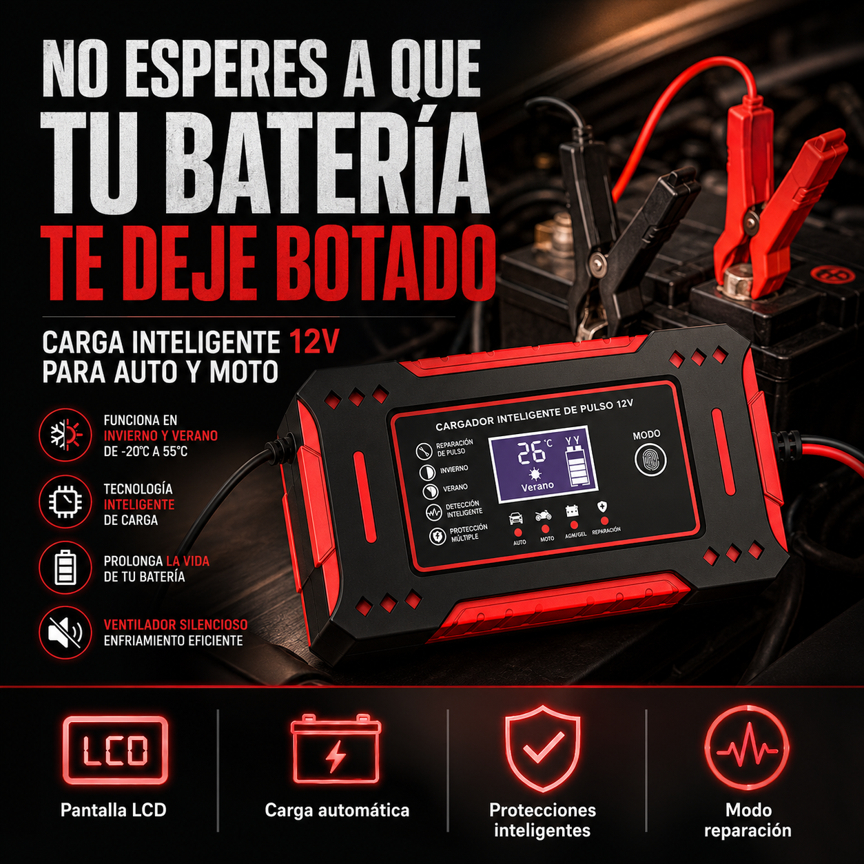 VoltRevive™ Cargador Inteligente de Baterías | Carga, Mantiene y Ayuda a Recuperar