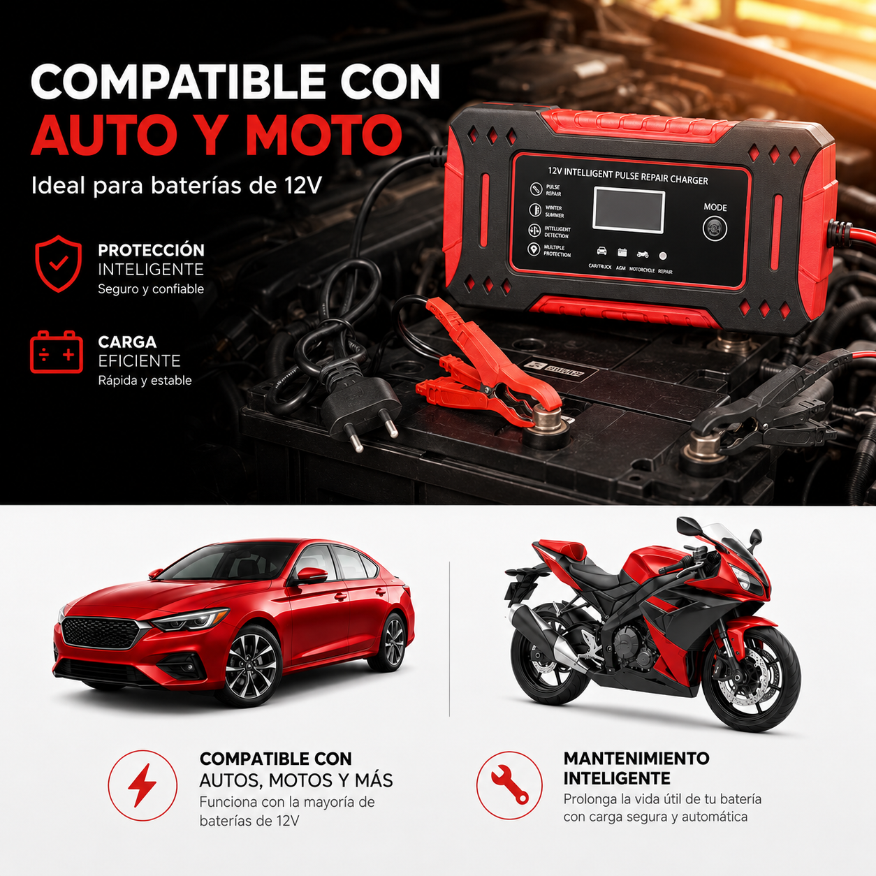 VoltRevive™ Cargador Inteligente de Baterías | Carga, Mantiene y Ayuda a Recuperar