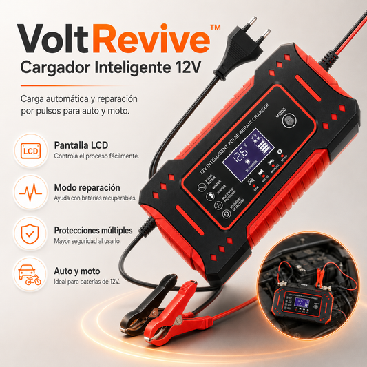 VoltRevive™ Cargador Inteligente de Baterías | Carga, Mantiene y Ayuda a Recuperar