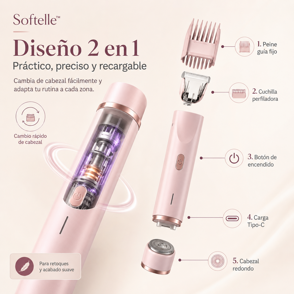 Softelle™ 2 en 1 | Rasuradora Femenina Recargable para Piel Suave