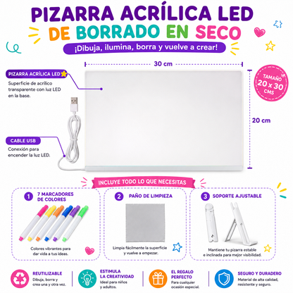 LumiBoard™ Pizarra Mágica LED Acrílica 20 × 30 cm | Incluye 7 Marcadores